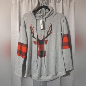 Plaid Reindeer Hooded Long Sleeve Tshirt Large NWT